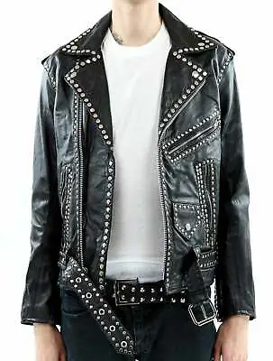 $249.99 • Buy Men Silver Studded Jacket Black Punk Silver Spiked Leather Belted Biker Jacket