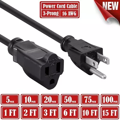 Power Extension Cord Cable 1' 2' 3' 6' 10' 15' 1ft 2ft 3ft 6ft 10ft 15ft [LOT] • $339.42
