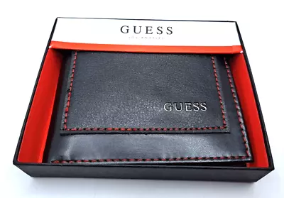 Guess Los Angeles Men's Bifold Logo Leather Wallet Black Red Stitch • $24.99