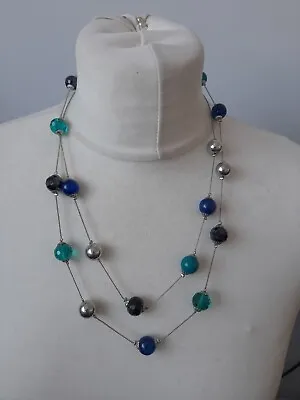 Costume Jewellery Statement Necklace Silver Tone Green Blue Beaded Accessorize • £7.85