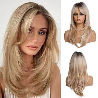 Esmee 20 Inches Long Straight Blonde Layered Synthetic Hair Wigs For Women With • £24.54