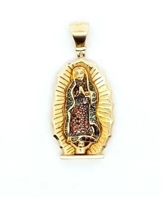 10K Yellow Gold Praying Virgin Mary With Red & Green Diamonds Pendant 5.3 Grams • $525