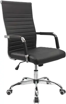 Ribbed Office Desk Chair Mid-Back PU Leather Executive Conference Task Chair Adj • $90.10