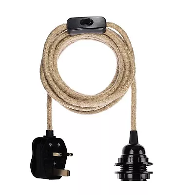 E27 3 Pin UK 3 Core Hemp 2m Cable Plug In Pendant Lamp On/off Switch Light Set • £12.89