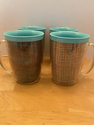 Vintage Insulated Plastic / Wicker Rattan Mugs Set Of 4 Turquoise • $15.99