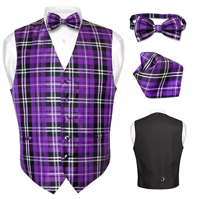 Men's Plaid Design Dress Vest BOWTie PURPLE Black White BOW Tie Hanky Set XL • $21.95