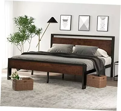  14 Inch Size Metal Platform Bed Frame With Wooden Headboard And King Mahogany • $259.40