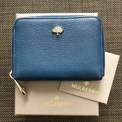 Mulberry Grained Leather Mini Wallet Round Zipper Blue Shipped From Japan • $130