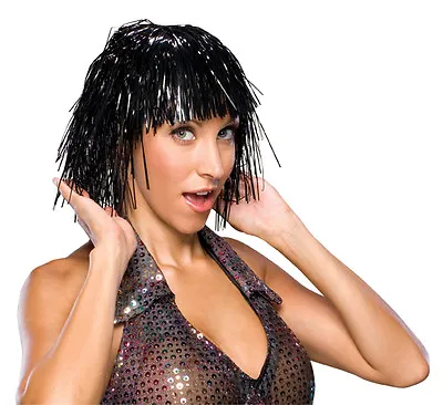 Black Tinsel Wig Rocker Hair Womens Adult Ladies Bright Metallic Costume Bangs  • $11.99