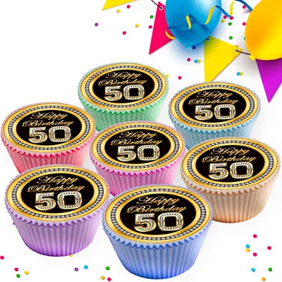 Happy Birthday 50th Age 50 Black Cupcake Toppers Edible Premium Decorations 1831 • £2.99