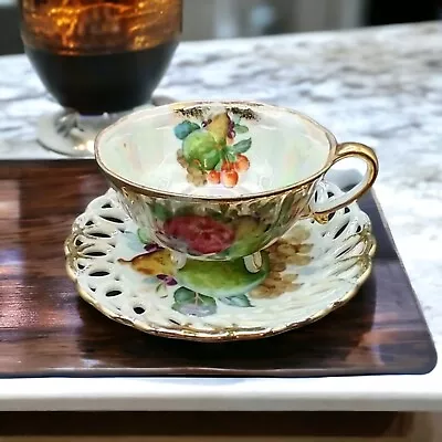 VTG 3 Footed Tea Cup & Reticulated Saucer Set White & Gold Fruit Japan ~ Cracked • $16.70