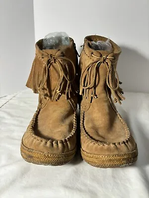 UGG  Booties Fringe Leather Moccasin Women’s Natural Tan Suede  Sz 9 Distressed • $29.99