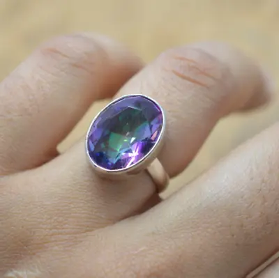 Faceted Blue Mystic Topaz 925 Solid Sterling Silver Ring • £17.99