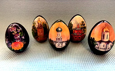 Russian Lot 5 Vintage 3  Wood Egg Black Lacquer Oil Painted Flower Church Signed • $9.99