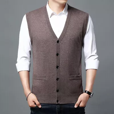 Men Sweater Vest Cashmere Wool Blended V Neck Sleeveless Button Cardigan Sweat❉ • $19.91