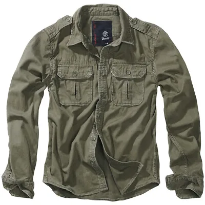 Brandit Vintage Shirt Long Sleeve Cotton Mens Outdoor Tactical Hiking Olive • £45.95