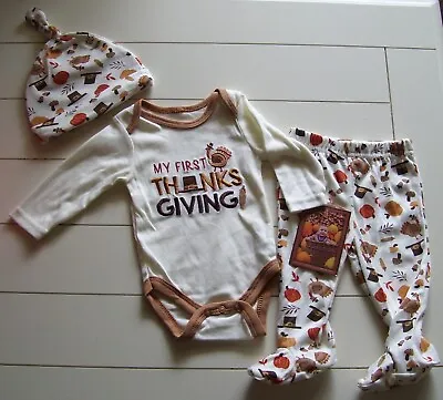 Baby Gear 3 Pc My 1st Thanksgiving LS Bodysuit Footed Pants Hat Outfit 0-3M 6-9M • $18.39