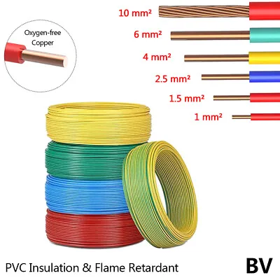 1-10mm² PVC Insulated Household Electrical Cable Single Core Copper BV Hard Wire • $11.79