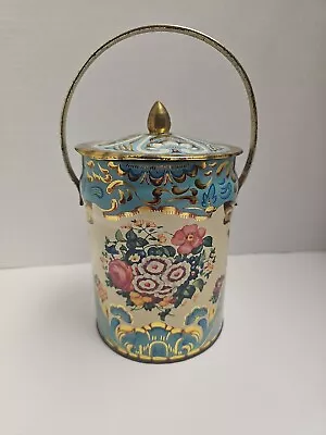 Vtg Murray Allen Crown Regal Confections Candy Tin W Handle Baby Blue Gold Round • $11.99