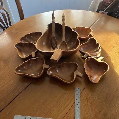 Vintage MCM Wood Leaf Shaped Salad Bowl Set 10 Piece OS-1030W • $40