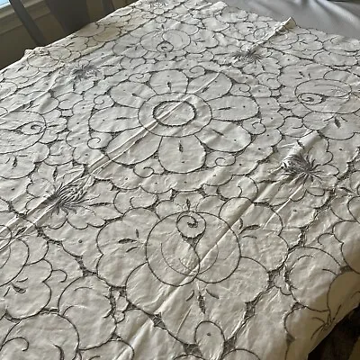 Vintage Madeira Embroidery Linen Tablecloth 46 X46” Handwork • $40