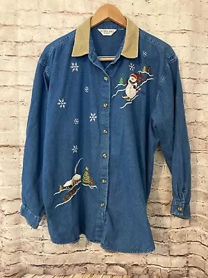 Victoria Jones Shirt Womens 2X ? Denim Blue Jean Vintage Christmas Button Up • $28.49