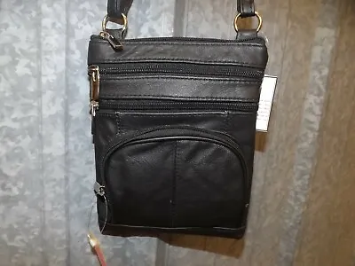 NEW Black Genuine Leather Multi Pocket Crossbody Purse W/ Zip Around Organizer • $14.99