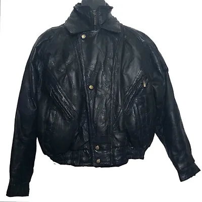 Leather Works Jacket Medium Black Top Stitched Motorcycle Bomber Zip Snap Coat • $62.55