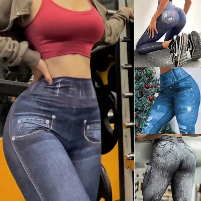£6.65 • Buy Women'sFaux Denim Jeans High Waist  Yoga Pants Push Up Butt Lift Sports Leggings