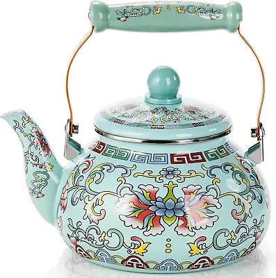 2.6 Quart Vintage Enamel Tea Kettle Large Enameled Floral Teapot Flower Enamel • $40.12