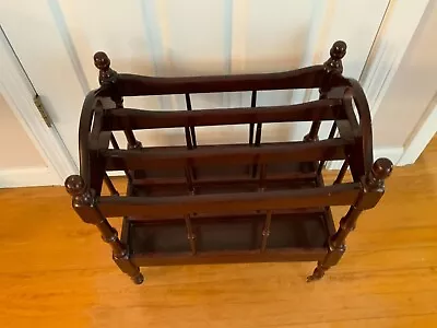 Powell Incorp. Magazine Rack Solid Wood Newspaper Holder Carved Brass Wheels • $50