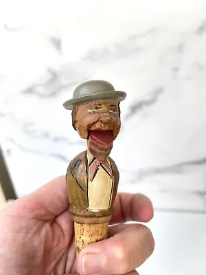 Vintage ANRI Mechanical Carved Wood Bottle Stopper Cork “ Man W Droppings Jaw” • $25