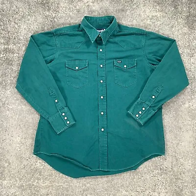 Vintage Wrangler Western Shirt Mens 18X36 Green Twill Pearl Snap Made In USA 90s • $29.98