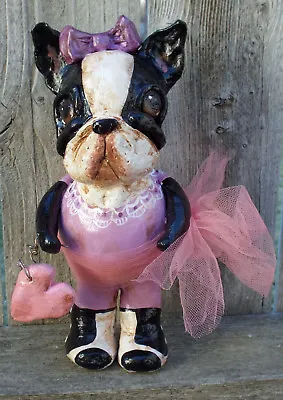  New Vintage Nostalgic Folk Art Boston Terrier Ballerina Girl Dog Doll Handmade • $119