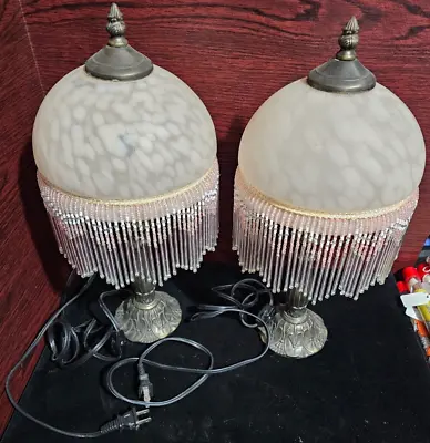 Pair Boudoir Lamp Beaded Scalloped Fringe Frosted Pink Glass Globe Cast Base 17” • $179.99