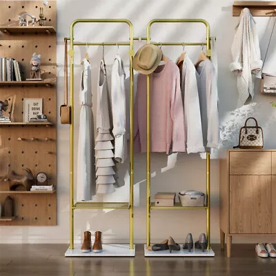 Freestanding Gold Metal Coat Rack Corner Entryway Garment Stand Rod Shoe Shelves • $75.91