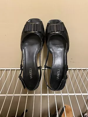 Vaneli Low Peep Toe Heels Black 10 Buckle Bow Detail • $16