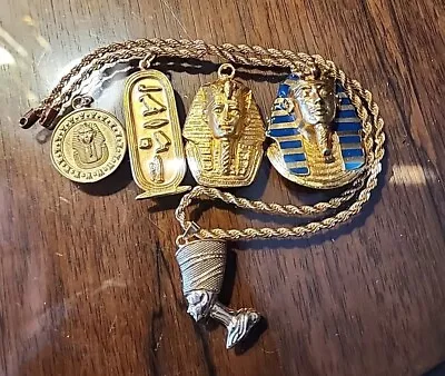 5 Egyptian Themed Gold Tone King Tut Queen Nefert Cartouche Jewelry Pendants • $49.99