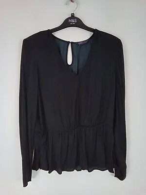 M&S Top Black V Neck Long Sleeve Peplum Hem Lightweight Blouse NEW F2 • £9.99