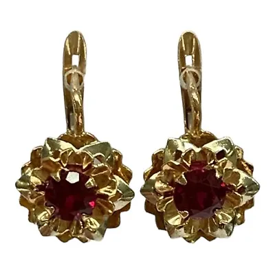 18ct 18k Yellow Gold Created Red Ruby Flower Hook Earrings 3.2 Grams. Brand New • £330.53