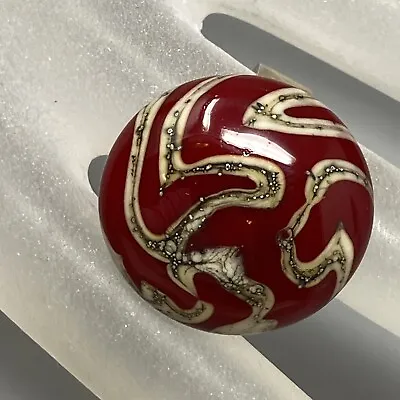 Red Blown Glass Button Ring Marbled Abstract Pattern Adjustable Lampwork Murano • $11.99