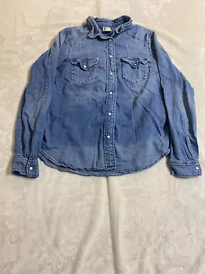 H&M Shirt Womens 4 Blue Denim Snap Up Point Collar Long Sleeve Solid 2 Pockets • $19.80