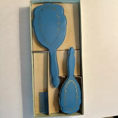 Vintage Child Blue Floral Vanity Set Comb Brush Mirror Original Box • $15