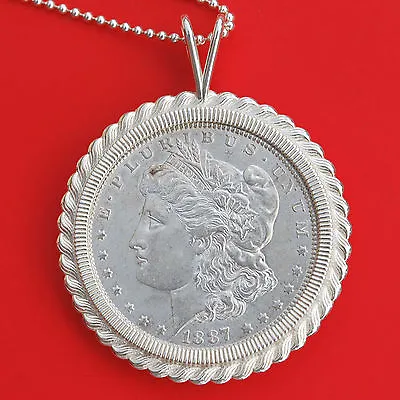 US 1887 Morgan Dollar 90% Silver AU Coin Solid 925 Sterling Silver Necklace NEW • $149.95