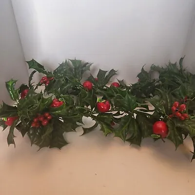 VTG Kitsch Christmas Garland Plastic Greenery Holly Berry Apples Ivy Strands MCM • $14.05