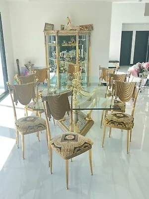 🦁9p Italian VERSACE Insprd GOld Brass Dining ROom TabLe Chair Set • $14699