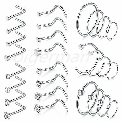 $10.22 • Buy 28PCS Hoop CZ L-Shaped Nose Ring 18G Surgical Steel Body Piercing Jewelry Silver