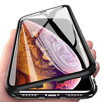 Aluminum Bumper 360 Magnet Case Screen Protector Front+Rear Magnetic Cover Black • $27.30