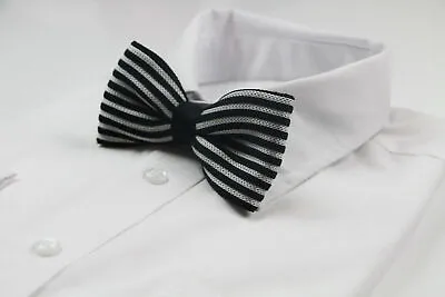 Mens Black And White Stripe Knitted Bow Tie Pre-Tied Men's Bowtie Wedding Formal • $5.08