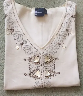 Vintage DASH V-Neck Cream Cotton T-Shirt Top Embroidery & Beads Size 12 • £3.99